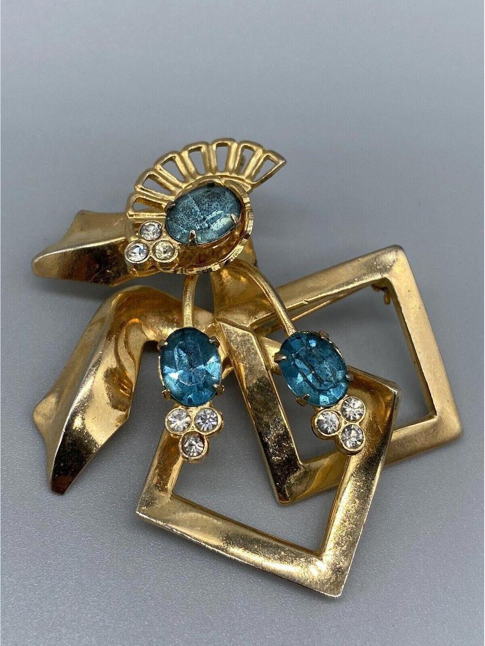 Art Deco Geometric Floral Ribbon Blue Rhinestones Gold Tone Brooch Pin